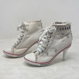 White Studded Lace-Up High-Heel Sneakers size 37